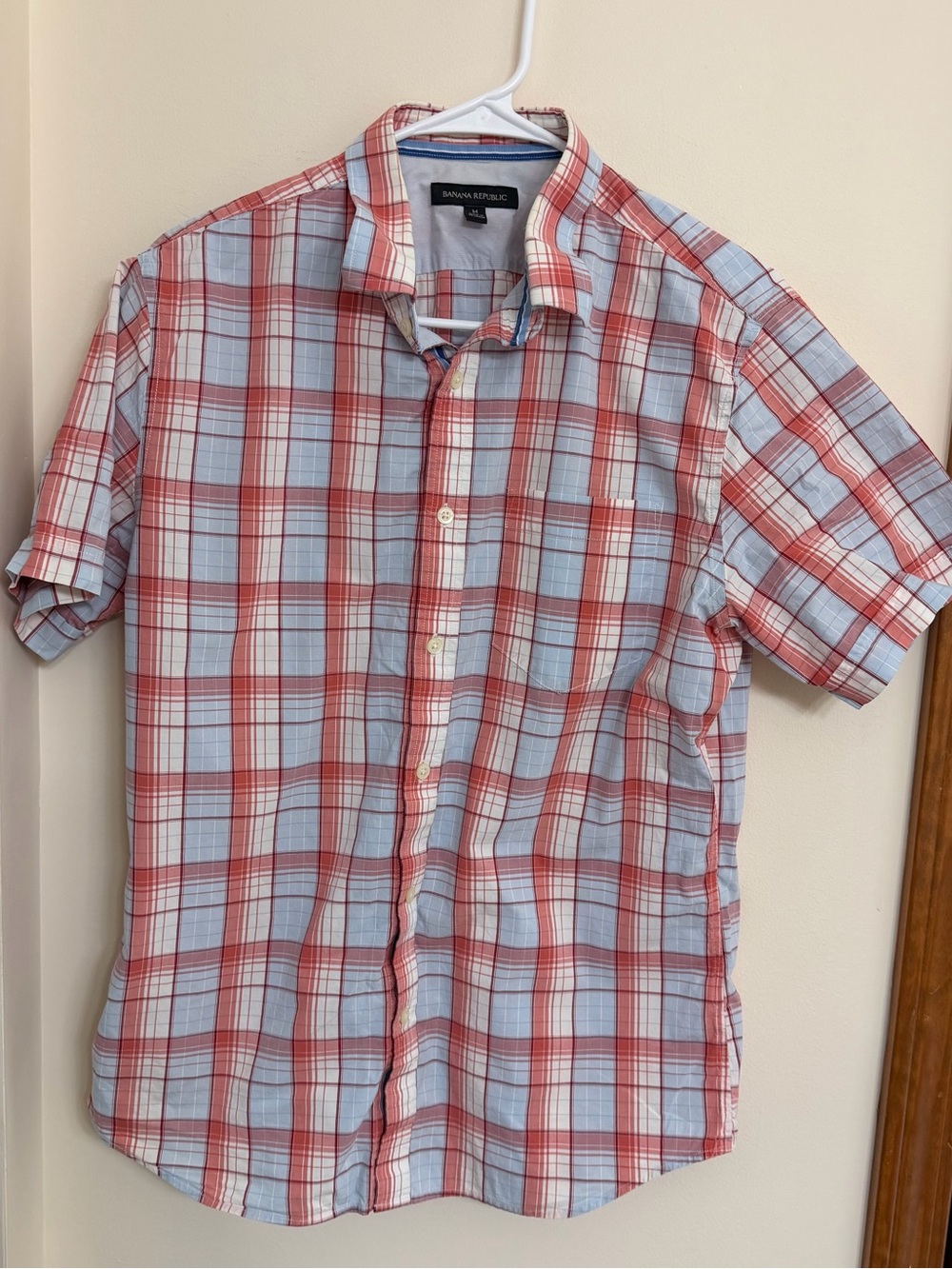 Banana Republic Men's Short-Sleeve Plaid Button-Down - Light Blue & Red
